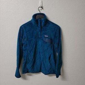 Patagonia Fleece Wom Blue T-Snap Pullover Soft Fuzzy Women's Medium Has Stains